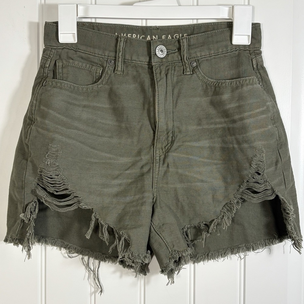American Eagle Olive Green Distressed Denim Shorts High Waisted Size 2